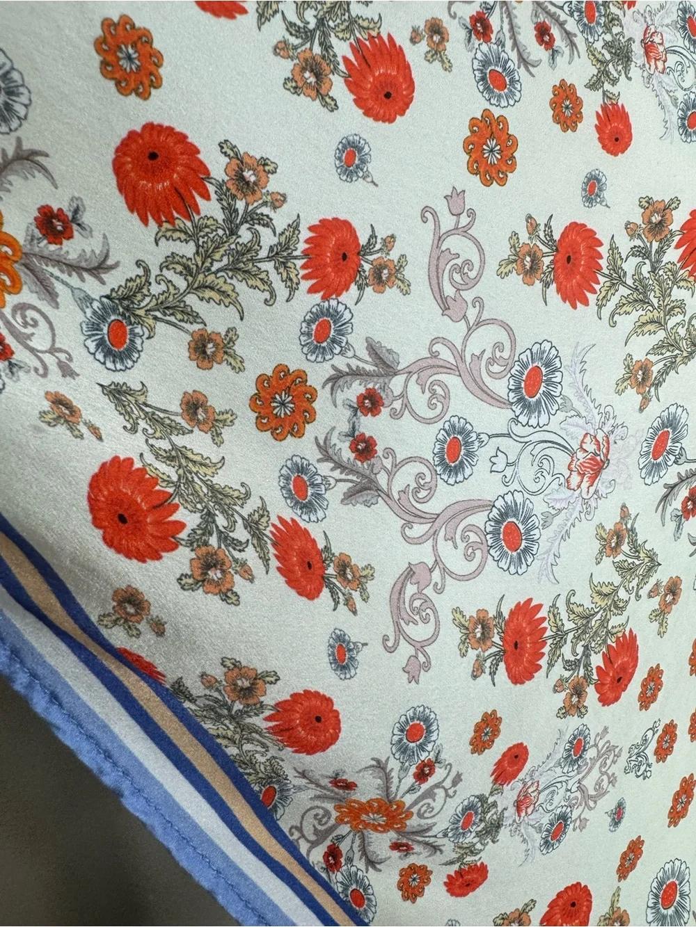 La Seine 100% Silk Triangle Floral Scarf in Blue white made in Italy